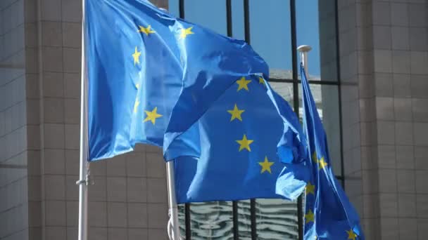 在阳光明媚的日子里 三面欧盟旗帜在欧盟委员会缓缓飘扬 三面蓝色背景的欧盟旗帜和金色的星星在大风天在欧盟委员会欢快地飘扬 — 图库视频影像