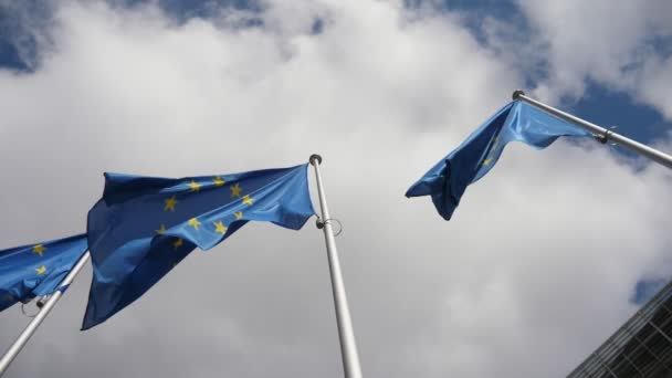 两面欧盟旗帜在春天多云的蓝天上欢快地挥舞着 在阳光明媚的日子里 在布鲁塞尔的一个阳光明媚的日子里 两面蓝色背景的欧盟旗帜和金色的星星在上空飘扬 — 图库视频影像