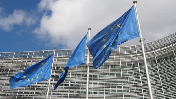 Three Flags Flagpoles European Commission Building Spring Slo Wonderful View — Stock Video