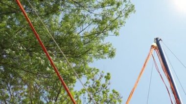 Elleri slo-mo ilkbaharda kauçuk dizeleri ve yüksek direkleri tutarken neşeli çocuk slo-mo kot pantolon gülümseyen bir çocuğun harika görünümünde halatlar sabit elleri ile bir trambolin üzerinde atlama  