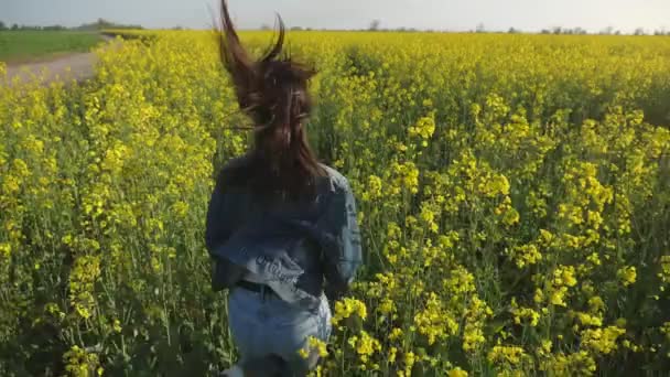Jeune femme avec les cheveux ondulants courant dans un champ de colza en été à Montréal- mo Belle vue arrière de la jeune femme brune élégante avec des cheveux longs flottants qui courent joyeusement dans le champ de colza par une journée ensoleillée à Montréal 