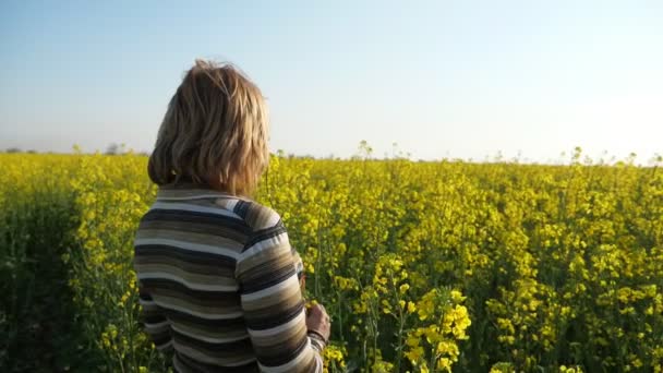 Heureuse femme blonde souriante et sentant une fleur florissante dans un champ à Pékin Poêle joyeuse d'une femme blonde heureuse debout, souriante et sentant une belle fleur dans un champ de colza en été au coucher du soleil à Pékin 