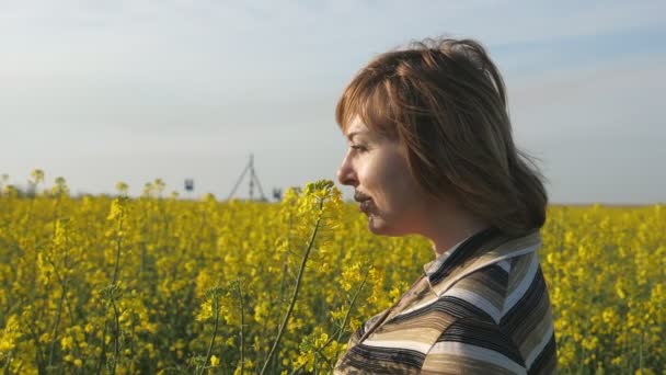 Mujer Rubia Romántica Sonriendo Oliendo Una Flor Floreciente Campo Slo — Vídeo de stock