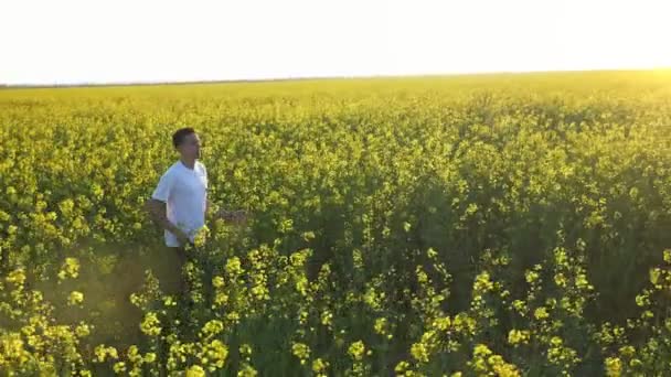 Young Man White Shirt Running Huge Green Yellow Field Slo — 비디오