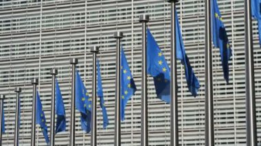 Avrupa Parlamentosu 'nun bayrak direklerine gururla dalgalanan Eu standartları, Eu bayraklarının yavaş çekimde Ep binasındaki yüksek bayrak direkleri üzerinde dalgalanan özgürlük ve Avrupa Birliği sembolü. 