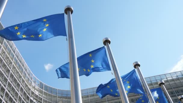 Gloriosas Banderas Ondeando Parlamento Europeo Primavera Cámara Lenta Increíble Vista — Vídeos de Stock