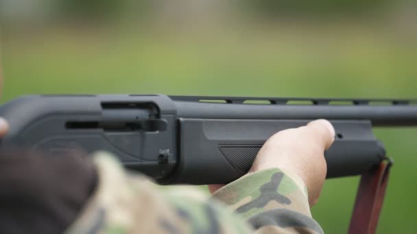Black Rifle Shooting Cartridge Case Moving Out Breaching Lock Slo — Stock Video