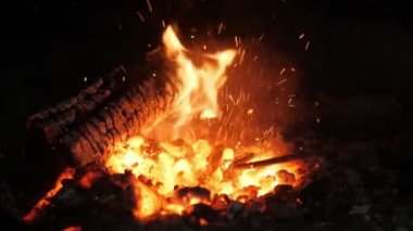 Demir güller için parlak bir ocak ve boynuzları boynuzları ile bir hayvan ruhu gibi görünen ateş çatalları ile dövme at nalı bir demirci nefes kesen görünümünde bir hayvan ruhu gibi görünen bir dil ile Sihirli ocak yangın