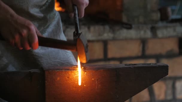 Blacksmith Holding Hitting Red Metallic Rod Dark Forge Ukraine Magic — Stock Video