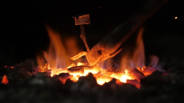 鍛冶屋の鍛冶屋で燃える鍛冶屋の火は 鍛冶屋のワークショップで錬金術金属から鉄のバラを形成するために燃えている鍛冶屋の炉で輝く火の見事な眺めを屋内で鍛冶屋で燃やす — ストック動画