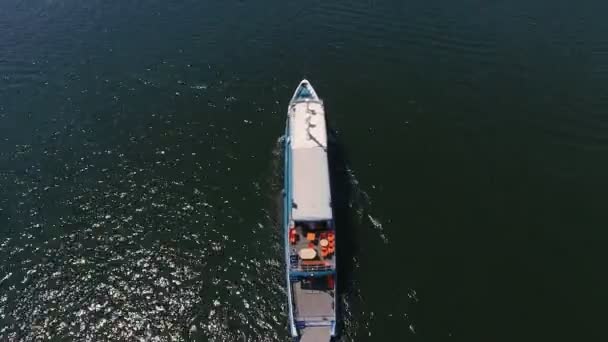 Aerial Shot Cargo Barge Moving Dnipro Sunny Day Summer Wonderful — Stock Video
