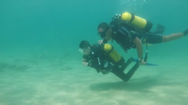 土耳其阿兰亚 2019年6月21日 在夏日阳光明媚的日子里 一名潜水员在海底深蓝色的海水中水下游泳的壮丽景色 — 图库视频影像
