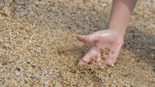 Mano Alegre Cavando Sosteniendo Arena Una Costa Turquía Atardecer Slo — Vídeos de Stock