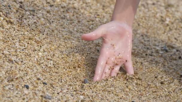 人間の手は スローモーションで素敵な夕日にアランヤの海岸で砂や貝殻を掘り 砂や貝殻を保つ女性の手のクローズアップで日没時にトルコの海岸で砂で遊びます — ストック動画
