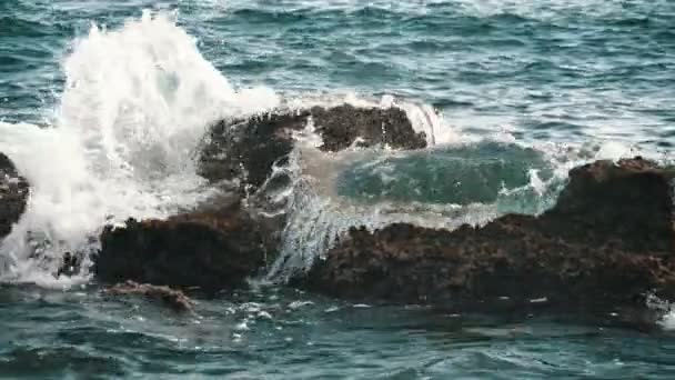 黑海海岸与石头和高浪在阿兰亚在夏季在黑海海岸的Slo Mo美妙的景色与大巨石和小石头在飞溅的海浪的打击下 在夏天的飞溅波在Slo — 图库视频影像