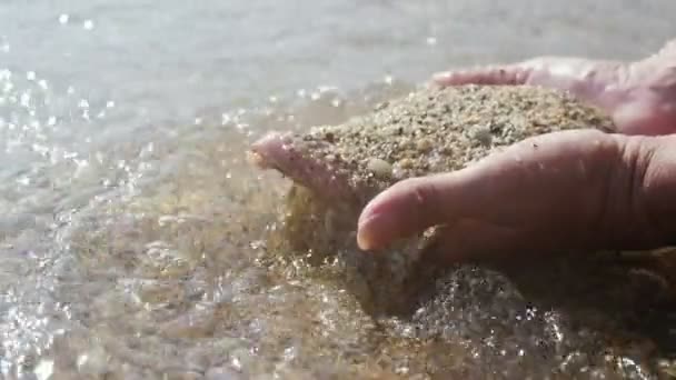 夏のアラーニャ海岸に砂を保つ2つの手は スローモーションで夏の晴れの日に海岸に濡れた砂と貝殻を保持する2人の男性の手の素晴らしい眺め — ストック動画