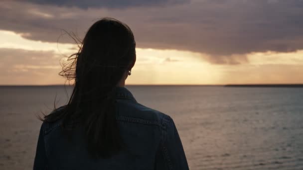 Όμορφο Κορίτσι Στέκεται Και Απολαμβάνοντας Γραφική Θάλασσα Στο Συννεφιασμένο Ηλιοβασίλεμα — Αρχείο Βίντεο