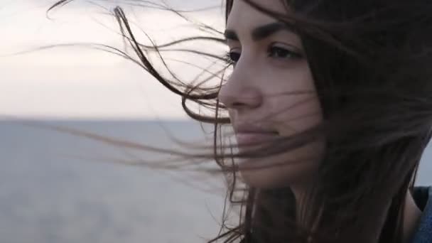 Působivý Zaostřená Sníté Brunetky Dlouhými Vlasy Pobřeží Přemýšlíš Její Lásce — Stock video