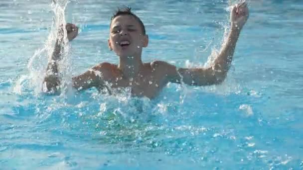 Happy Boy Jumping Active Sea Waters Summer Slo Amusing View — Vídeos de Stock