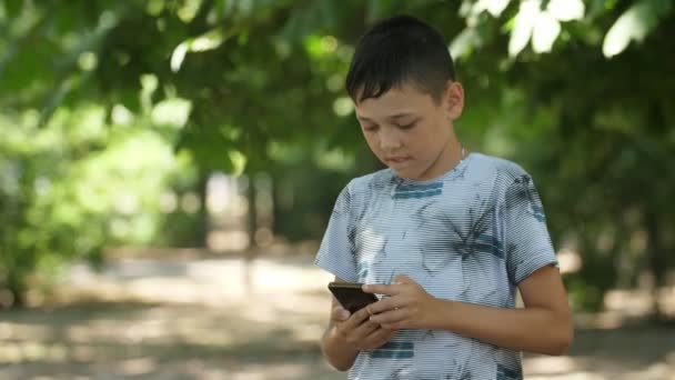 Rapaz Brilhante Jogando Jogos Vídeo Rapidamente Parque Verde Verão Vista — Vídeo de Stock