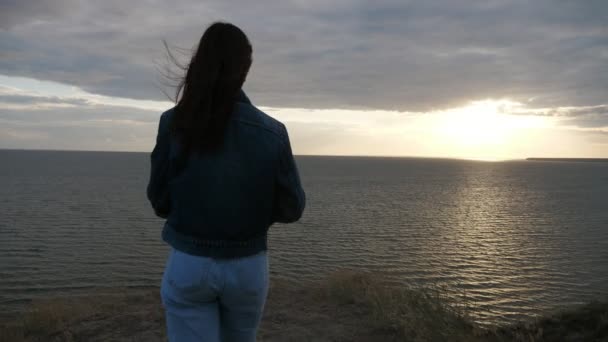 浪漫女孩去高黑海海岸在日落在夏天在Slo Mo兴奋的背景一个苗条的年轻黑发妇女与飞行长散的头发走在高黑海海岸在日落在夏天在慢动作 — 图库视频影像