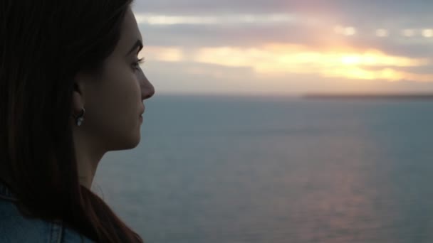 Splendida Ragazza Con Lunghi Capelli Sciolti Guardando Onde Del Mar — Video Stock