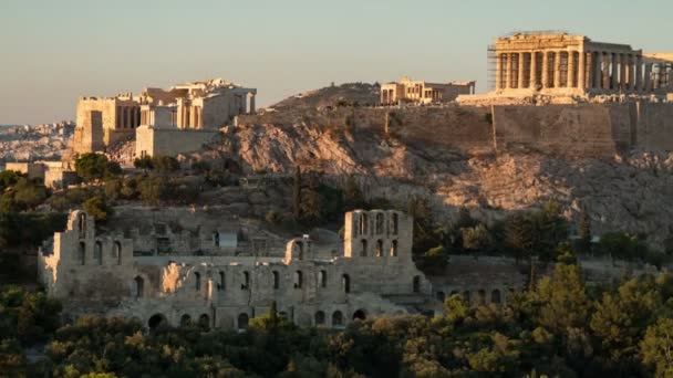 Antique Athens Acropolis Timelapse Shot High Columns Sunset Gorgeous Zoom — Stock Video