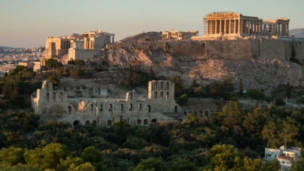 Tradiční Athénská Akropolis Jako Letmém Výstřelu Gigantickými Sloupy Létě Velkolepý — Stock video