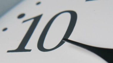 Üç uzun elleri hızlı hareket eden beyaz saat kadranı. Saat oku 10'u gösteriyor. Eski görünümlü beyaz bir saat yüzünün harikulade zaman atlamalı yakın çekimüç ok siyah elleri ile aslant koymak çok hızlı hareket eden hayatımızın çok geçici olduğunu gösteren.