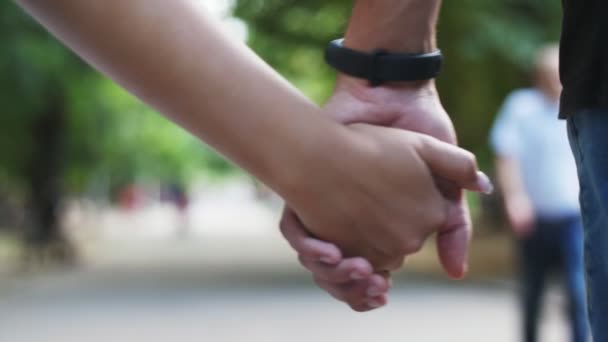 年轻的男性手保持年轻的女性手 当夫妇移动在一个年轻人的手与手表握着年轻女子的手 当幸福的夫妇在夏天在绿色公园移动在慢动作 — 图库视频影像