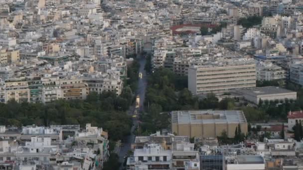 Imponująca Panorama Współczesnego Ateńskiego Krajobrazu Miejskiego Wysokiego Wzgórza Słoneczny Dzień — Wideo stockowe