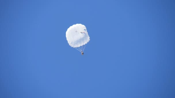 Army Man Vit Enhetlig Swooping Vit Rund Fallskärm Blå Himmel — Stockvideo