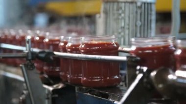 Domates bitkisinin kapağı olmadan metal bir şeritte hareket eden domates ezmesi bantları domates işleme tesisinde kapakları olmadan domates ezmesi kavanozlarının harika yakın çekimi hızlı hareket eder. Neşeli ve üretken görünüyor..