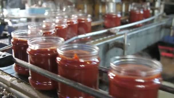 Dämpfende Tomatenpastebänke Die Sich Auf Einer Metallischen Linie Ohne Deckel — Stockvideo