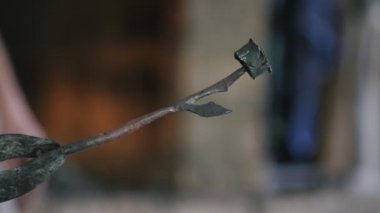 Retro metalik bir gül, demirci atölyesindeki maşalarla tek yaprağı olan eski bir gülü yakından çekerek demirci atölyesindeki metal maşalarla döndürülür ve muhafaza edilir. Sanatsal, neşeli ve romantik görünüyor..