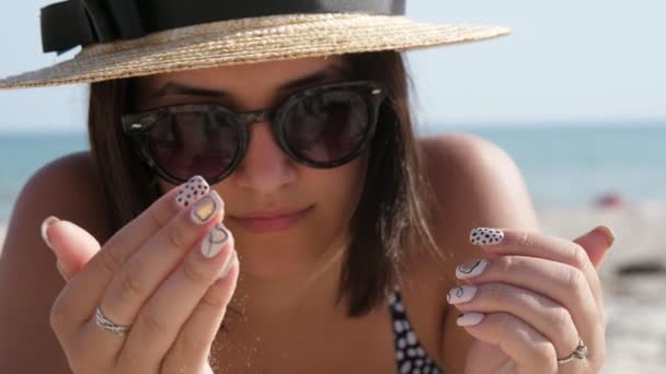 Cheery Girl Straw Hat Lying Sea Sand Playing Summer Exciting — Stock Video