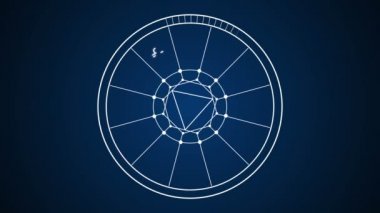Koyu mavi gökyüzünde parlayan on iki Zodiac işareti koyu mavi gökyüzünde yavaşça dönen iki beyaz dairede kademeli olarak çizilmiş on iki Zodiac sembolünün etkileyici görüntüsü. Burç merkezinin bir üçgeni var..