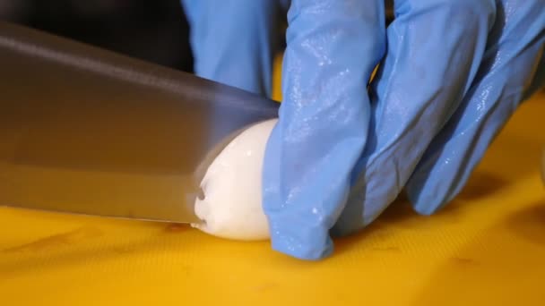 Chef Hands Keeping Boiled Eggs Cutting Them Two Halves Kitchen — Stock Video