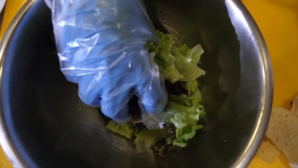 Man Hand Gummihandske Klämmer Sallad Skål Höjer Och Kastar Moo — Stockvideo