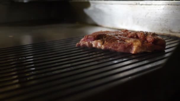 ジューシーな肉片をストーブの上でマリネした スローモーションで熱いストーブの上に豚肉の肉の作品がスローされます — ストック動画