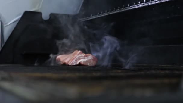 Köttet Stekt Spisen Kocken Restaurangen Lägger Rått Kött Med Kryddor — Stockvideo