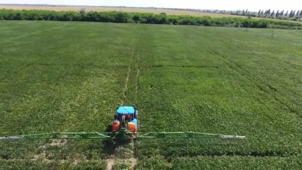 Colpo Aereo Enorme Campo Verde Trattore Spruzzo Movimento Estate Eccitante — Video Stock