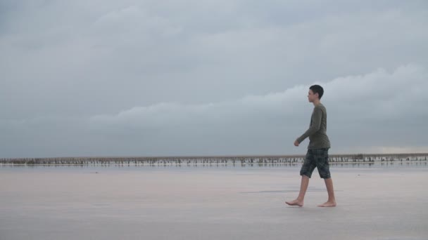 Garoto Morena Inteligente Andando Uma Costa Mar Olhando Torno Tempo — Vídeo de Stock