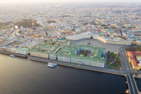 Aerial view cityscape of city center, Palace square, State Hermitage museum (Winter Palace), Neva river. Saint Petersburg skyline. SPb, Russia