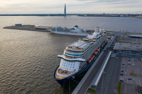 ST. PETERSBURG, RUSSIA - JUNE, 2019: Sea passenger berth. Sea liners. The best cruise line of the world. Cruise ships in the international port of St. Petersburg. Russia, port Sea Facade