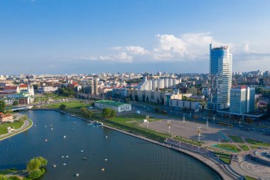 Minsk, Beyaz Rusya - Temmuz 2019: Havadan Görünüm, Minsk Şehir Manzarası, Bel
