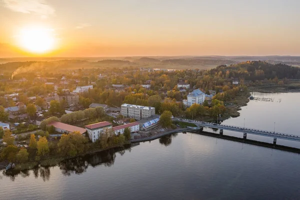 Scenic aerial view of small ancient touristic town Sortavala near Ladoga lake in Karelia. Popular historic city on the North of Russian Federation — Stock Image Scenic Aerial View Small Ancient Touristic Town Sortavala Ladoga Lake Stock Image