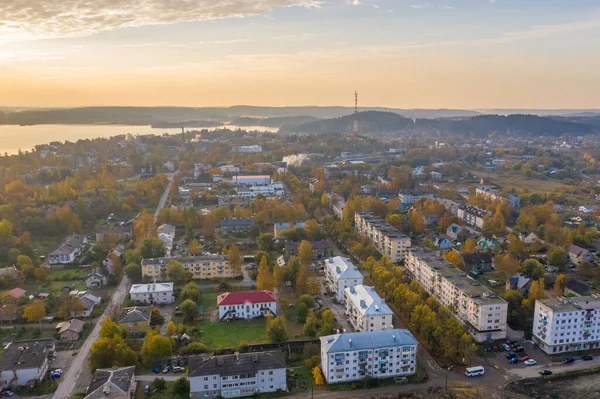 Scenic aerial view of small ancient touristic town Sortavala near Ladoga lake in Karelia. Popular historic city on the North of Russian Federation — Stock Image Scenic Aerial View Small Ancient Touristic Town Sortavala Ladoga Lake Royalty Free Stock Images