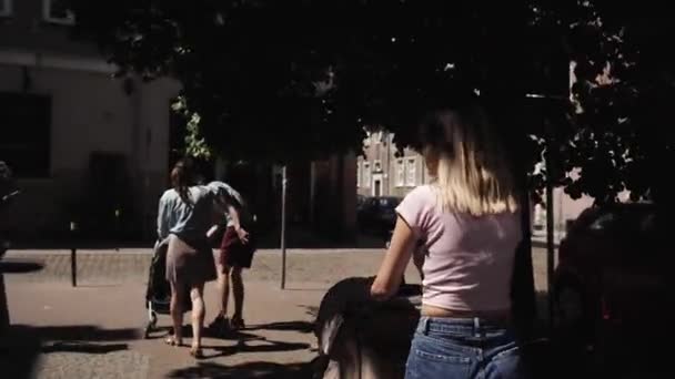 Jovens mães felizes mulheres com carrinhos de bebê caminham pela rua falando caminhada — Vídeo de Stock