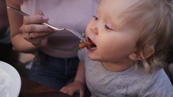 Η μαμά ταΐζει το μωρό με καρότα με ένα πιρούνι το παιδί τρώει νόστιμα — Αρχείο Βίντεο